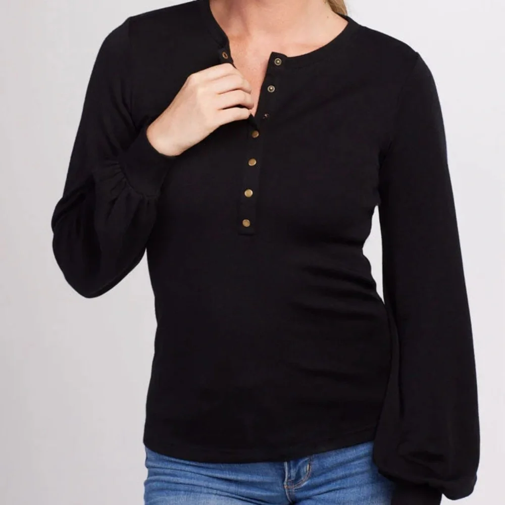 WOOLX Charlotte Puff Sleeve Black Top - Picture 2 of 8